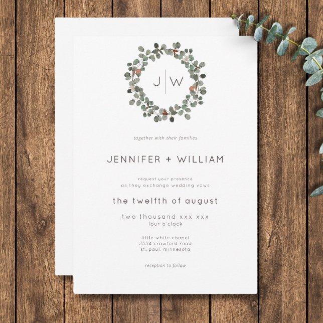 Convite Casamento Eucalipto Wreath Verde Mínimo (Minimal Rust Green Eucalyptus Wreath Wedding Invitation)