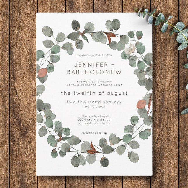 Convite Casamento Eucalipto Wreath Verde Moderno Rust (Modern Rust Green Eucalyptus Wreath Wedding Invitation)