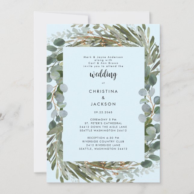Convite Casamento Eucalyptus Azul De Gelo - Duas Locais (Frente)