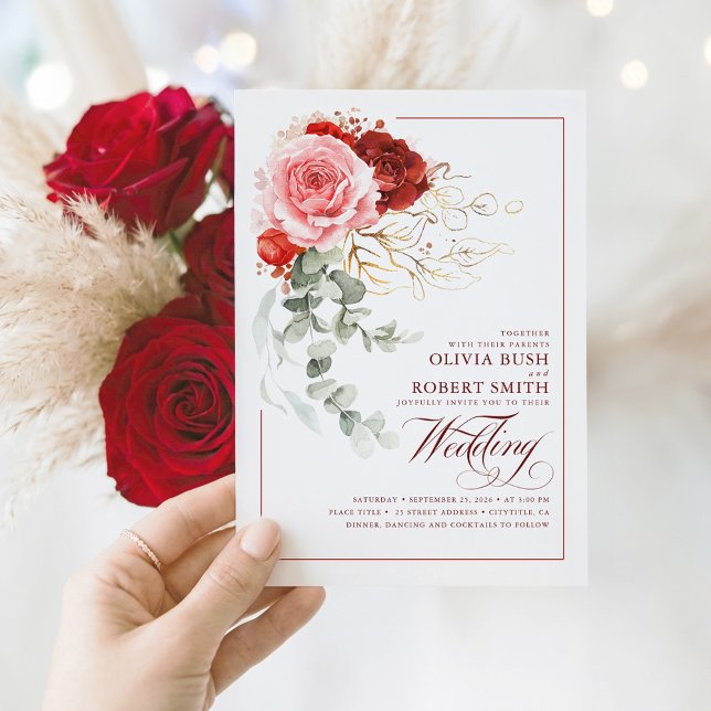 Convite Casamento Eucalyptus Boho, Flores Vermelhos Turvos (Red and Pink Floral Botanical Elegant Chic Wedding Invitation)