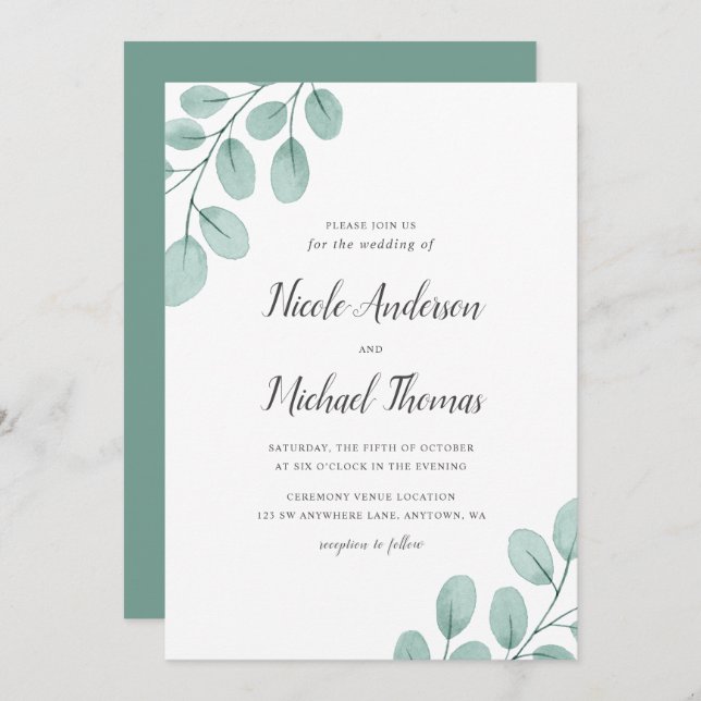 Convite Casamento Eucalyptus com Aquarela Elegante (Frente/Verso)