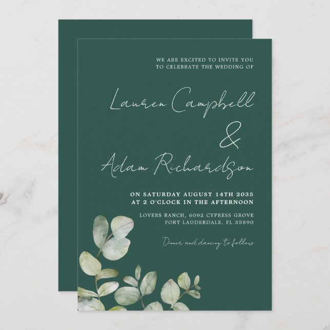 Convite Casamento Eucalyptus com Aquarela Verde Escura Mod (Frente/Verso)