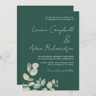 Convite Casamento Eucalyptus com Aquarela Verde Escura Mod