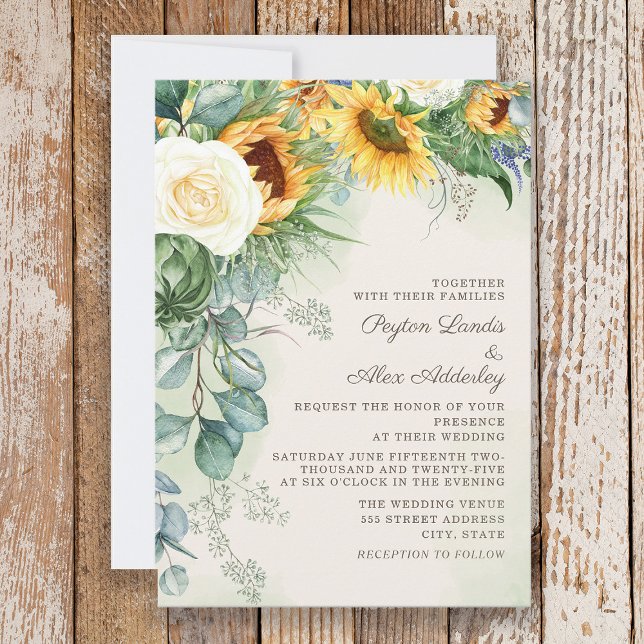 Convite Casamento Eucalyptus com Girassóis Elegante (Sunflowers and eucalyptus wedding invitation)