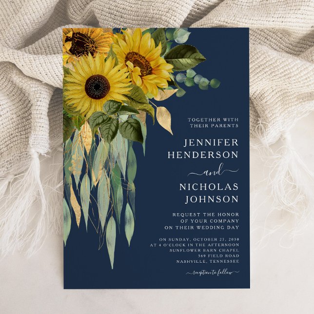 Convite Casamento Eucalyptus De Girassol Floral marinho Az (Navy Blue Floral Sunflower Eucalyptus Wedding Invitation)