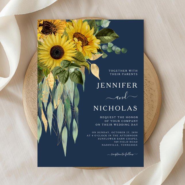 Convite Casamento Eucalyptus De Girassol Floral marinho Az (Navy Blue Floral Sunflower Eucalyptus Wedding Invitation)