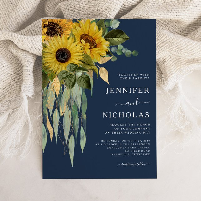 Convite Casamento Eucalyptus De Girassol Floral marinho Az (Navy Blue Floral Sunflower Eucalyptus Wedding Invitation)