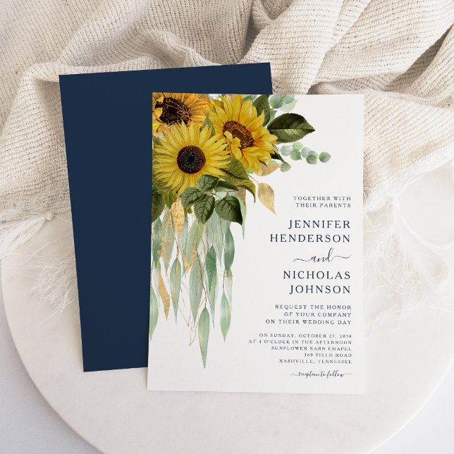 Convite Casamento Eucalyptus De Girassol Floral marinho Az (Navy Blue Floral Sunflower Eucalyptus Wedding Invitation)