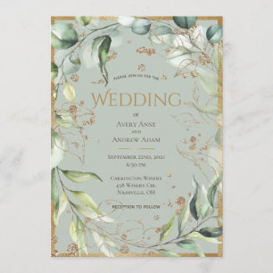Convite Casamento Eucalyptus Dourado Elegante