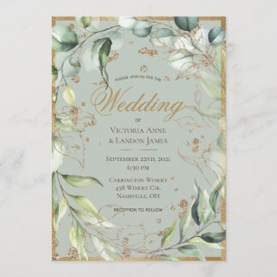 Convite Casamento Eucalyptus Dourado Elegante Rustic Green
