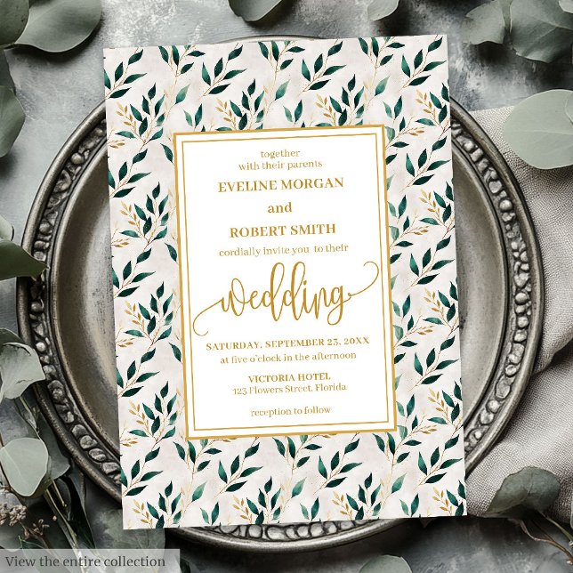 Convite Casamento Eucalyptus Dourado Verde Floresta Românt (Romantic Forest Green Gold Eucalyptus Wedding Invitation)