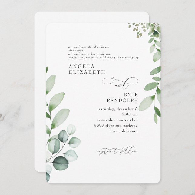 Convite Casamento Eucalyptus em Cascata Elegante Arredonda (Frente/Verso)