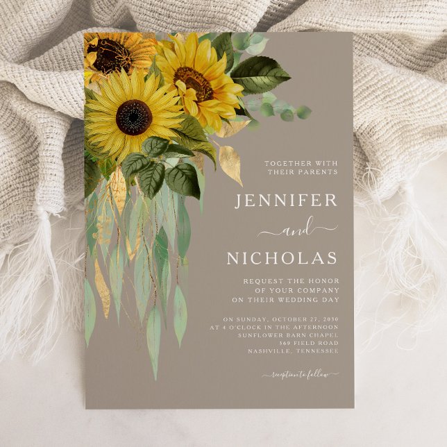 Convite Casamento Eucalyptus Floral Floral (Elegant Floral Sunflowers Eucalyptus Wedding Invitation)