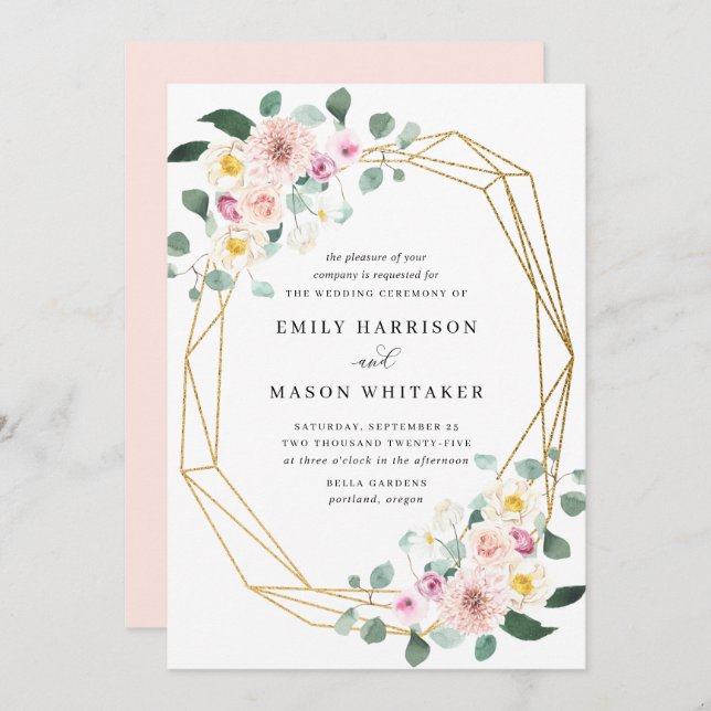 Convite Casamento Eucalyptus Floral Rosa e Púrpura (Frente/Verso)