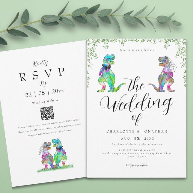 Convite Casamento Eucalyptus Foliage Dinosaur (Elegant botanical dinosaur wedding invitation with qr code)