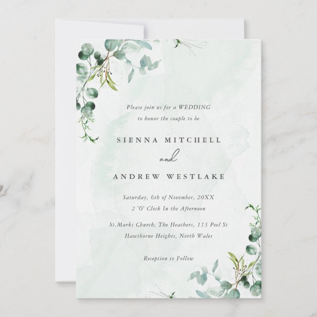 Convite Casamento Eucalyptus Greenery Blue Watercolor (Frente)
