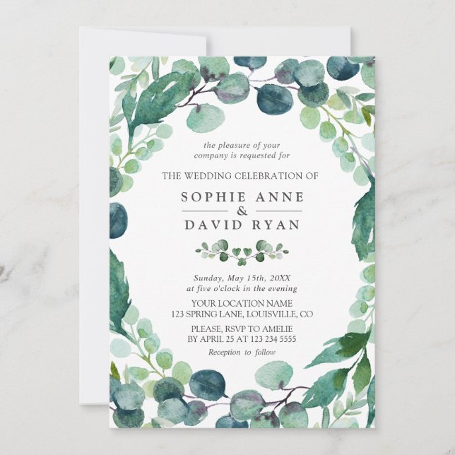 Convite Casamento Eucalyptus Greenery Lush Watercolor (Frente)