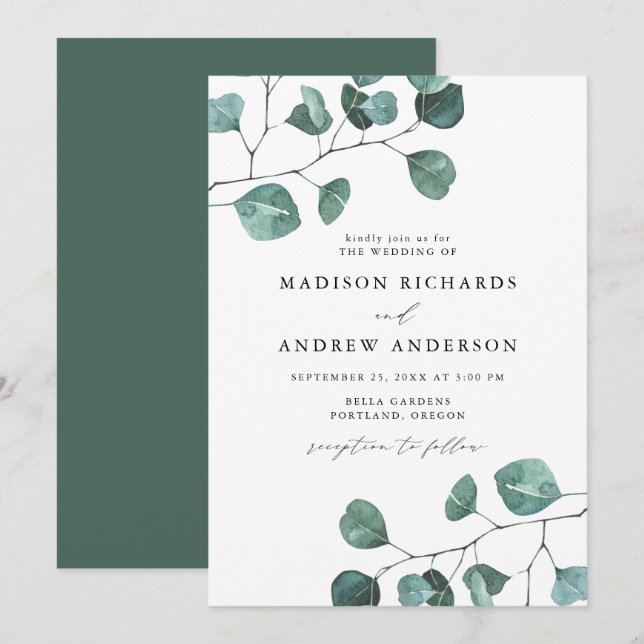 Convite Casamento Eucalyptus Greenery Modern Watercolor (Frente/Verso)