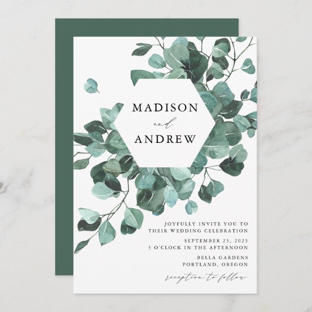 Convite Casamento Eucalyptus Greenery Modern Watercolor (Frente/Verso)