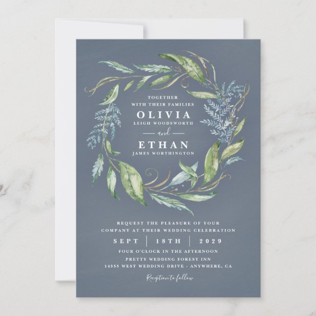 Convite Casamento Eucalyptus Greenery Wreath Azul (Frente)