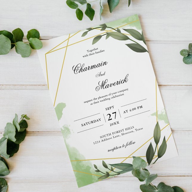 Convite Casamento Eucalyptus Leaf Elegante Geo Frame (Criador carregado)