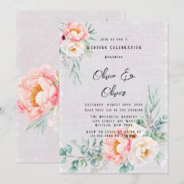 Convite Casamento Eucalyptus, Peonies Rosa Elegante