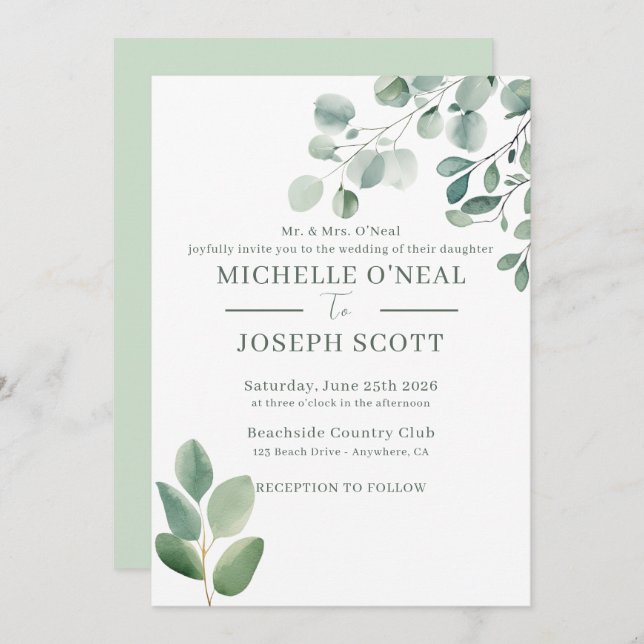 Convite Casamento Eucalyptus Sage Green Watercolor (Frente/Verso)