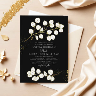Convite Casamento Eucalyptus, vegetação negra Elegante