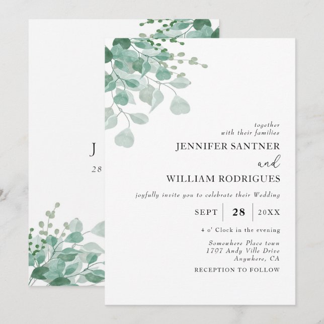 Convite Casamento Eucalyptus Verde com Aquarela Orçamental (Frente/Verso)