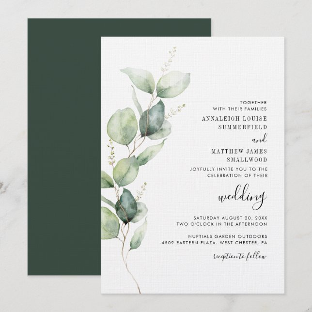 Convite Casamento Eucalyptus Watercolor (Frente/Verso)