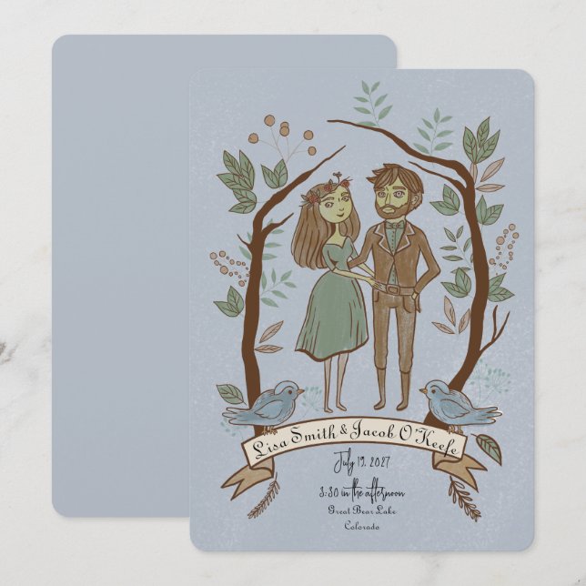 Convite Casamento Excêntrico de Casal Ilustrado (Frente/Verso)