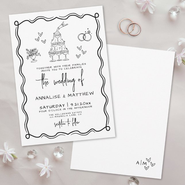 Convite Casamento Excêntrico Desenhado à Mão Caprichoso (Quirky Hand Drawn Whimsical Wedding Invitation )