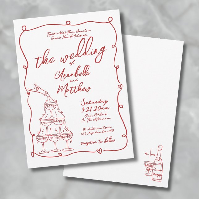 Convite Casamento Excêntrico Desenhado à Mão com Vermelho  (Red Whimsical Hand Drawn Quirky Wedding Invitation)