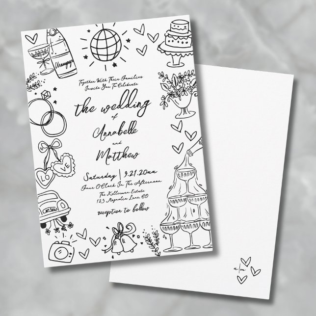 Convite Casamento Excêntrico e Caprichoso Desenhado à Mão (Hand Drawn Quirky Whimsical Wedding Invitation)
