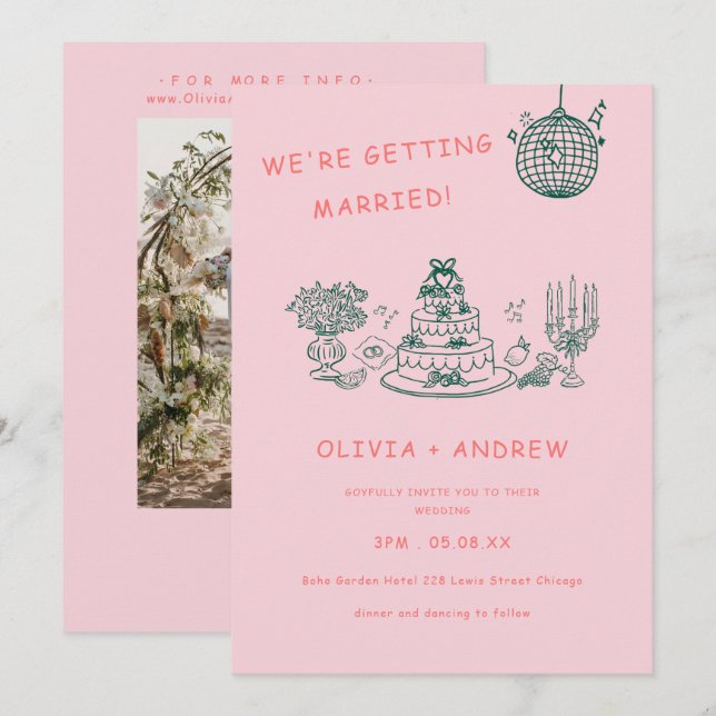 Convite Casamento Excêntrico Única Desenho à Mão (Frente/Verso)