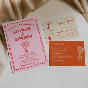 Convite Casamento Excêntrico Única Rosa Vermelho Desenhado