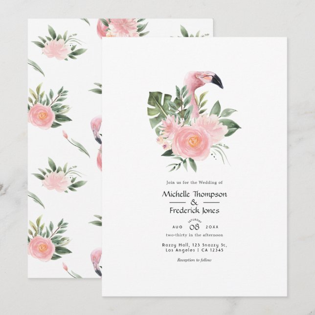 Convite Casamento Exótico de Flamingo Rosa Tropical (Frente/Verso)
