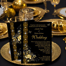 Convite Casamento Exótico Preto Dourado Floral Borboleta