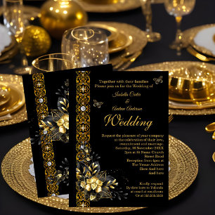 Convite Casamento Exótico Preto Dourado Floral Borboleta