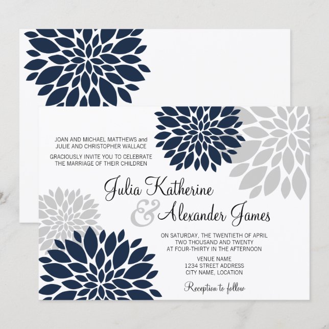 Convite Casamento Explosão Floral Azul Naval e Cinza Prata (Frente/Verso)