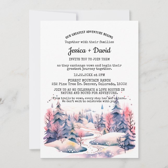 Convite Casamento Exterior Rustic Winter Forest Rail Snow (Frente)
