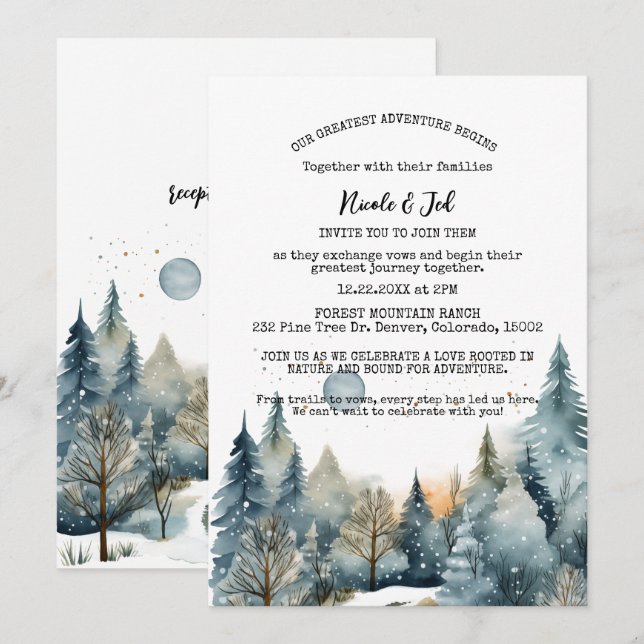 Convite Casamento Exterior Rustic Winter Pine Trees Snow O (Frente/Verso)