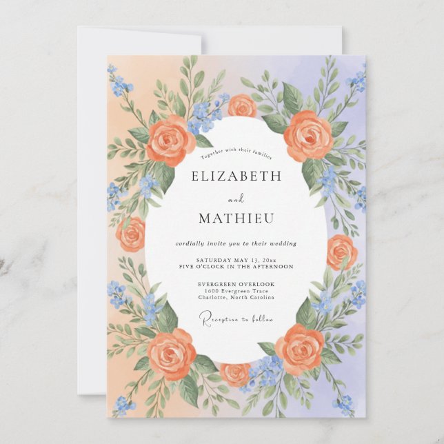 Convite Casamento Exuberante de Primavera Azul Pêssego (Frente)
