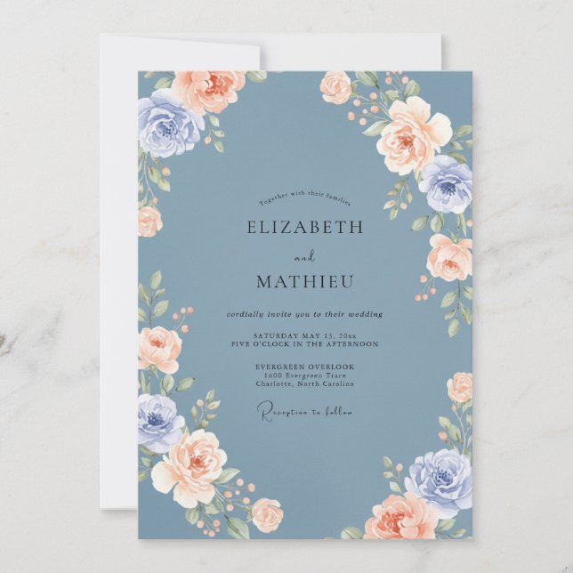 Convite Casamento Exuberante de Primavera em Azul Aço (Frente)