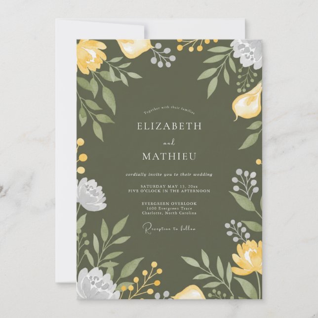 Convite Casamento Exuberante em Pomar com Verde Oliva (Frente)