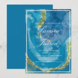 Convite Casamento Falso Ouro Mão em Aquarela Azul Ágata