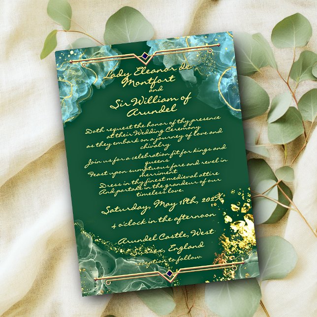 Convite Casamento Fantasia2 Mármore Verde Dourado Romântic (Romantic Gold Green Marble Fantasy2 Wedding Invitation)