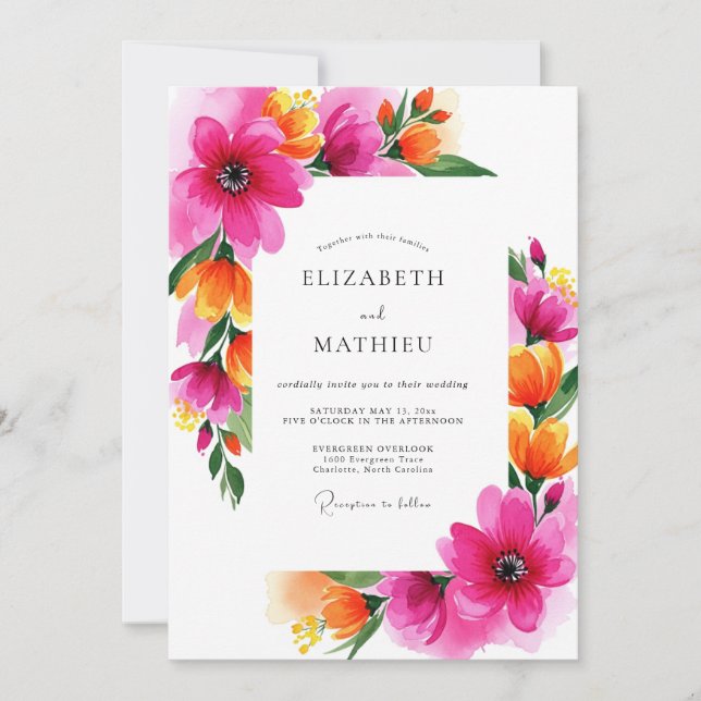 Convite Casamento Fantasia Flor Magenta (Frente)