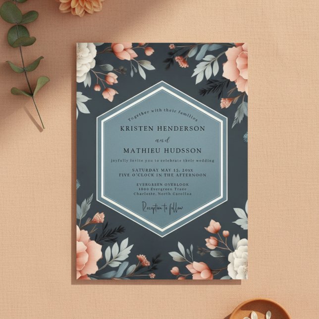 Convite Casamento Fantasia Floral Azul Profundo (Criador carregado)