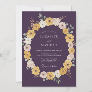 Convite Casamento Fantasia Floral Dourada Ameixa